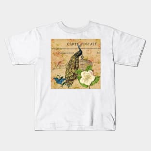 peacock white rose floral vintage botanical art Kids T-Shirt